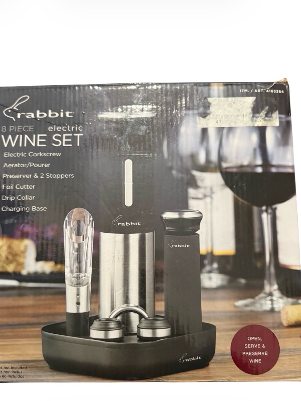 Rabbit 8 Piece Electric Wine Set Corkscrew Aerator Preserver Charging Base